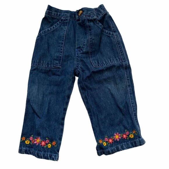 Baby Girl Denim Jeans Size 12 M Embroidered Floral Hem Elastic Waistband Blue - Picture 1 of 4